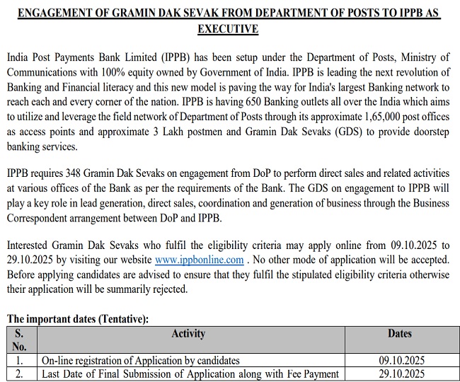 IPPB GDS Recruitment 2025 notice