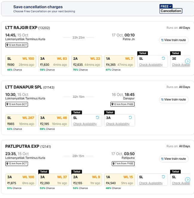 15 0ctober mumbai to patna