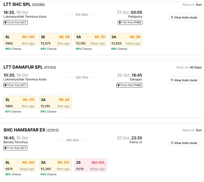 19 0ctober mumbai to patna