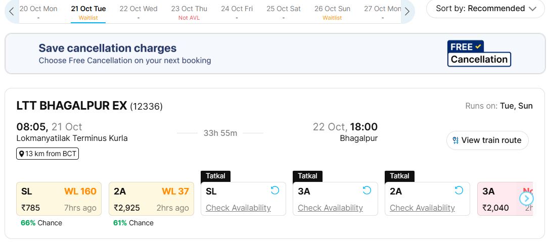 Mumbai to bhagalpur 21 october