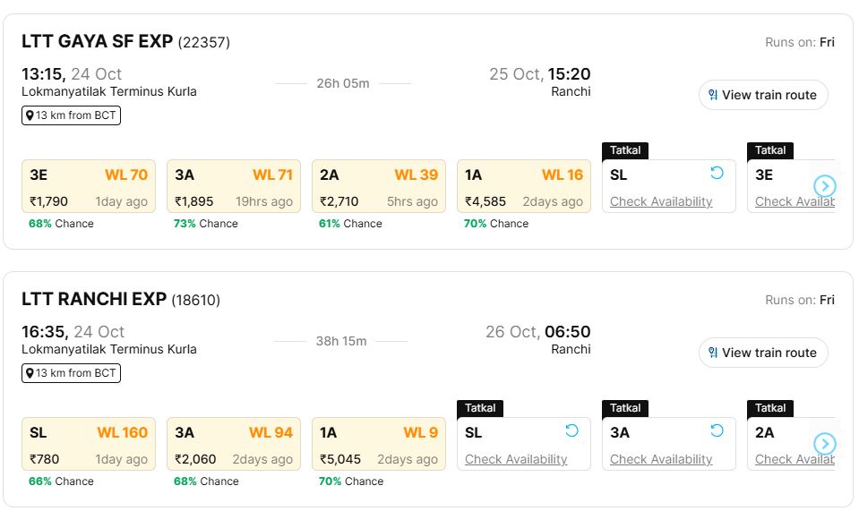 mumbai to ranchi 24 october