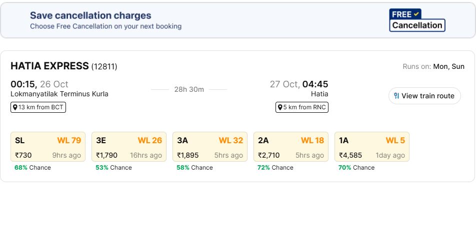 mumbai to ranchi 26 october