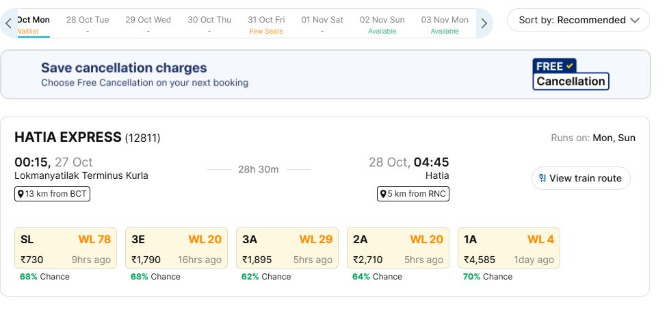 mumbai to ranchi 27 october