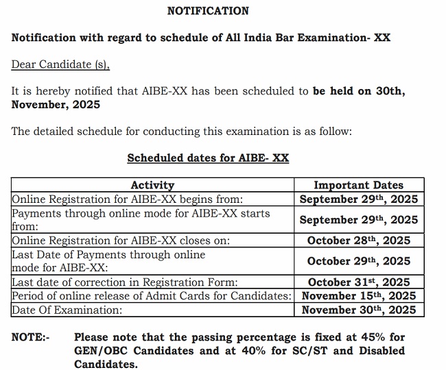 AIBE 20 Notification