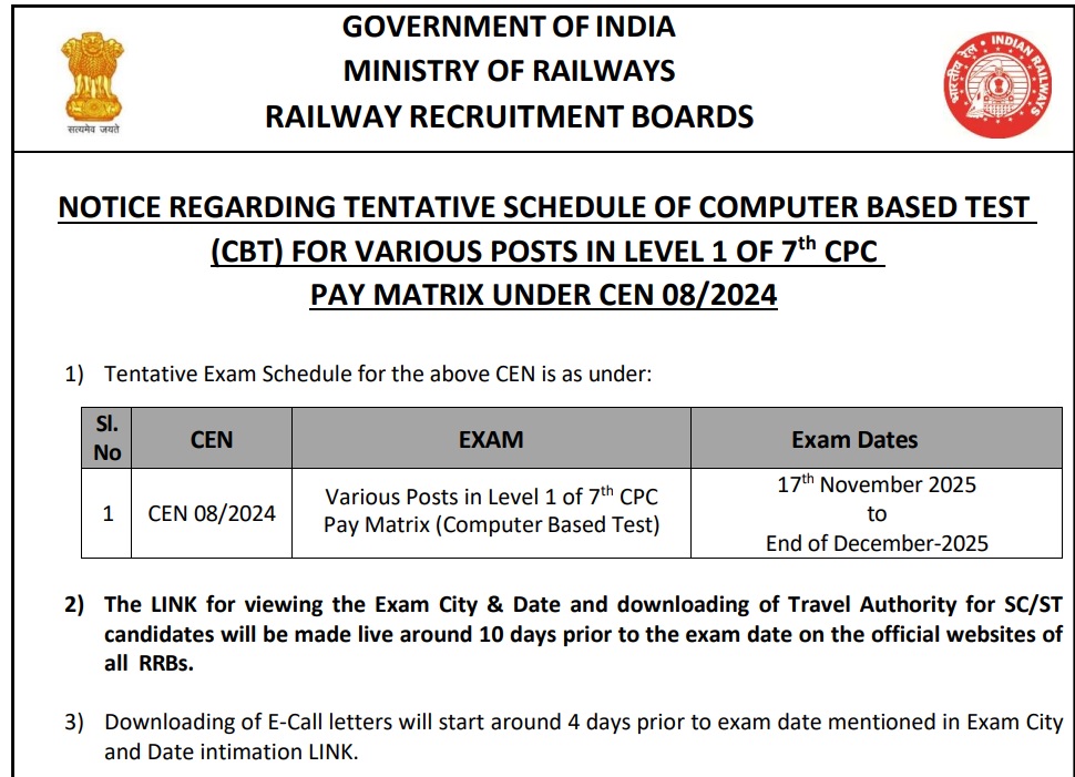 RRB Group D Exam Date 2025 notice