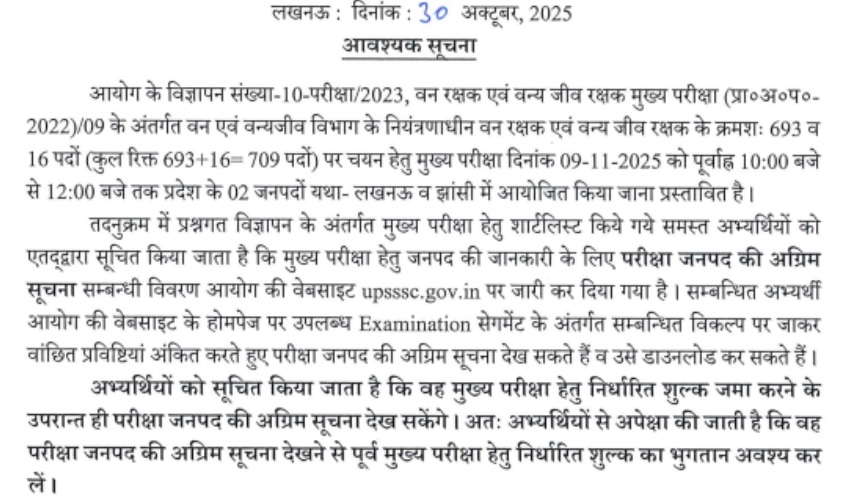 UPSSSC City intimation slip