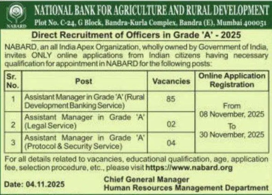 NABARD Grade A recruitment notification