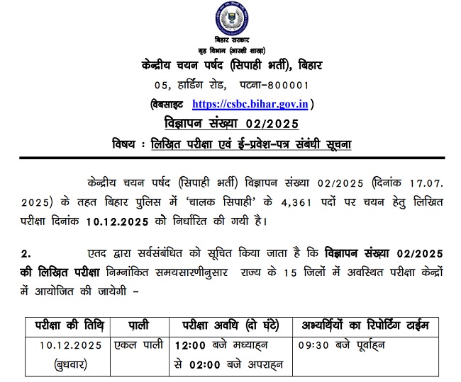 Bihar Police Constable Driver Admit Card 2025