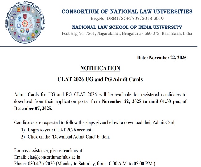 CLAT Admit Card 2026 notice