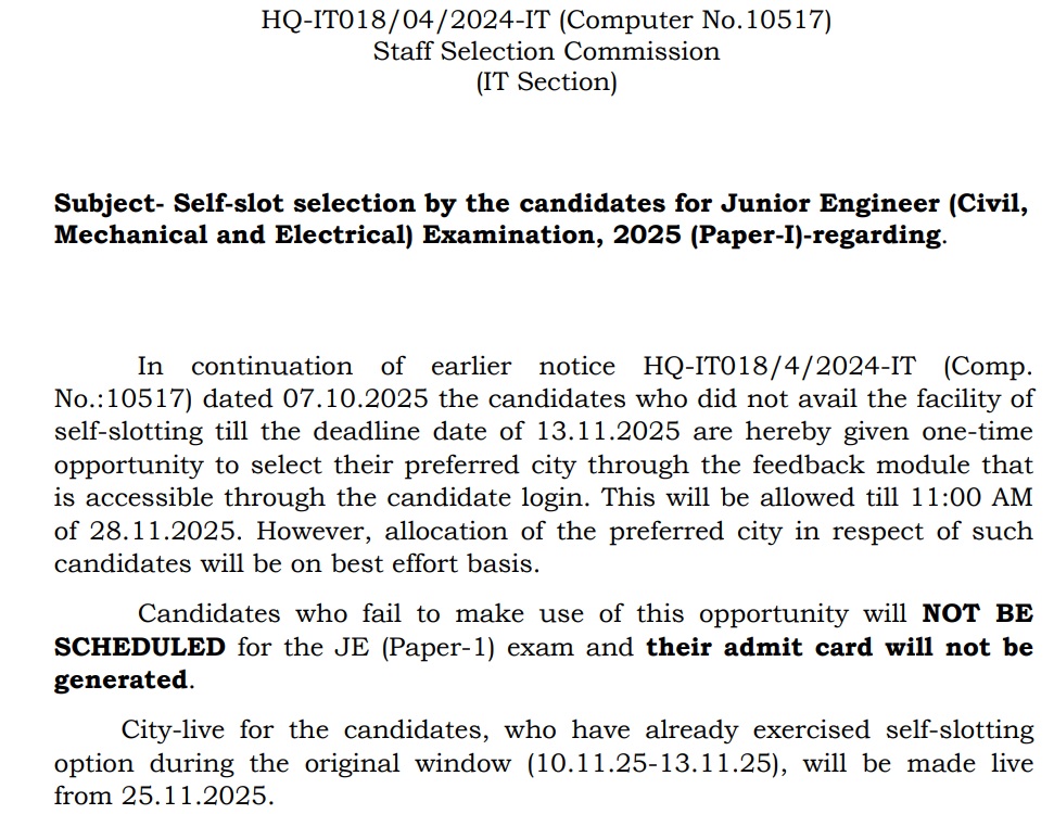 ssc je self slot booking