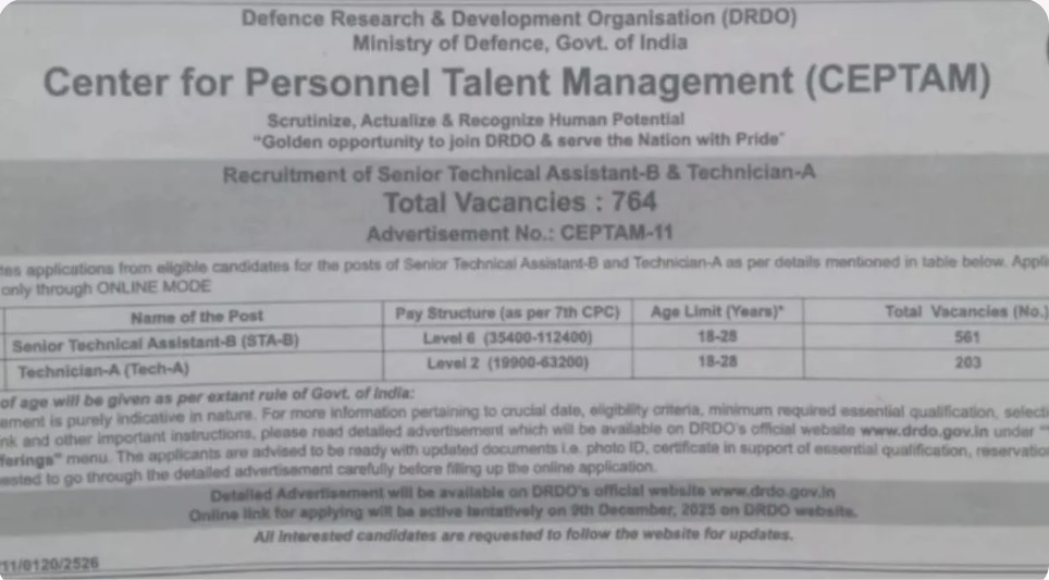DRDO CEPTAM 11 Recruitment 2025