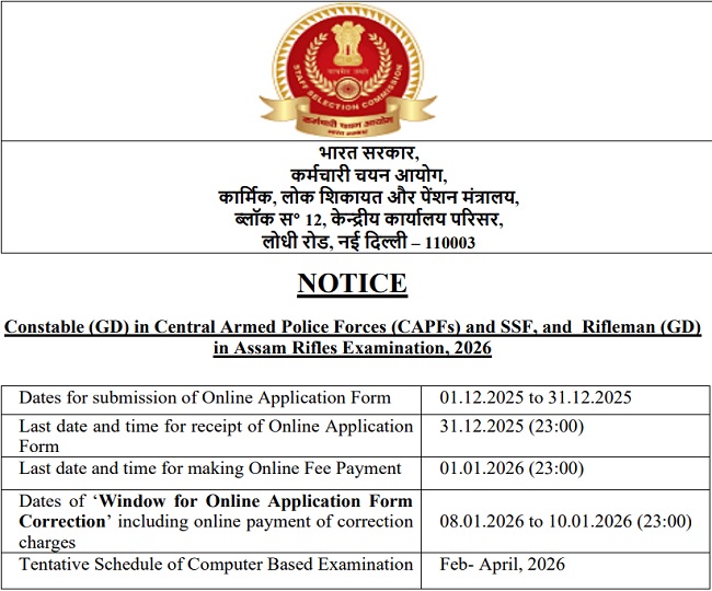 SSC GD Constable 2026 notification