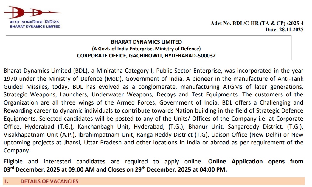 BDL MT Recruitment 2025 notification