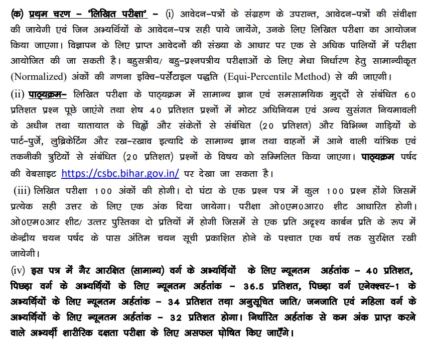 Bihar Police Driver exam pattern