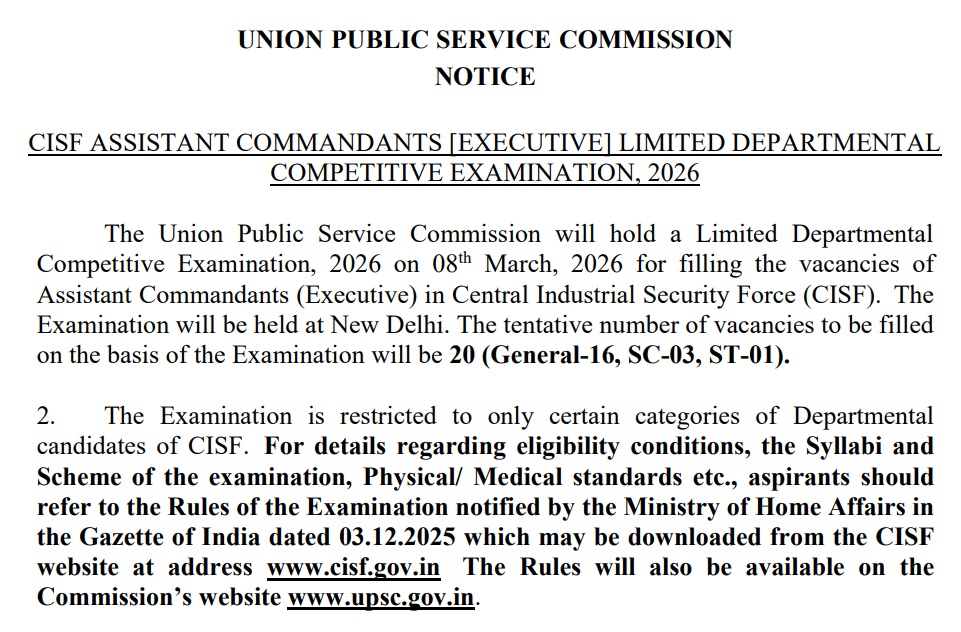 UPSC CISF AC LDCE 2026 notification