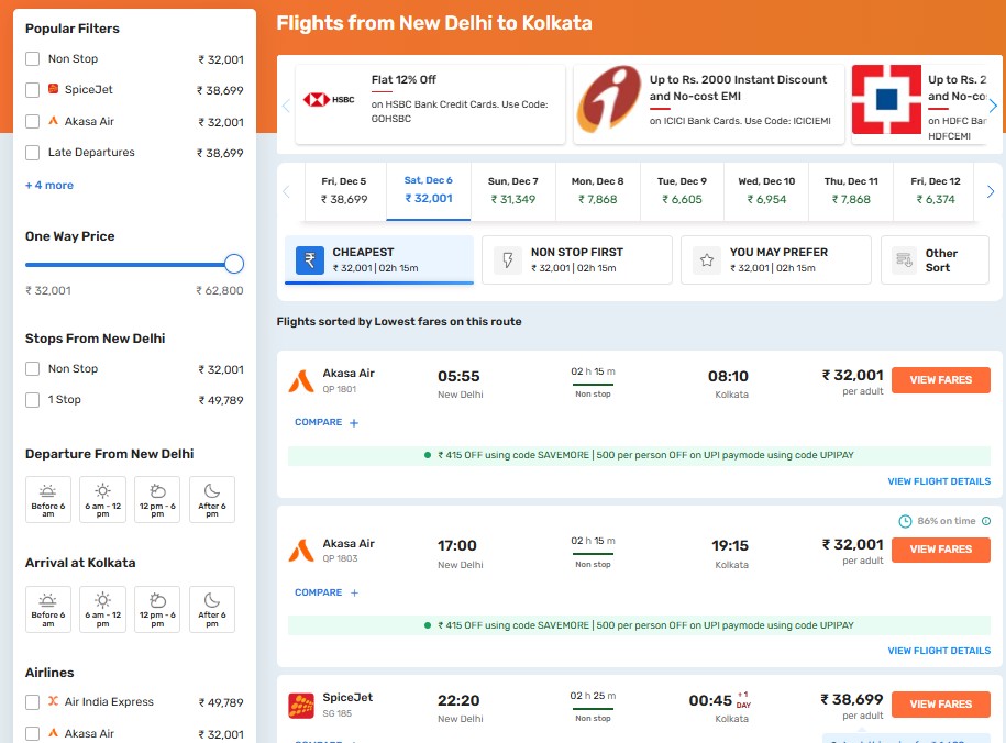 delhi to kolkata flight