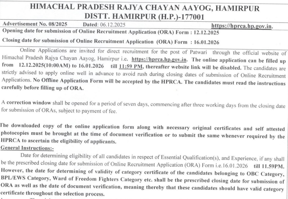 HP Patwari Recruitment 2025 notification