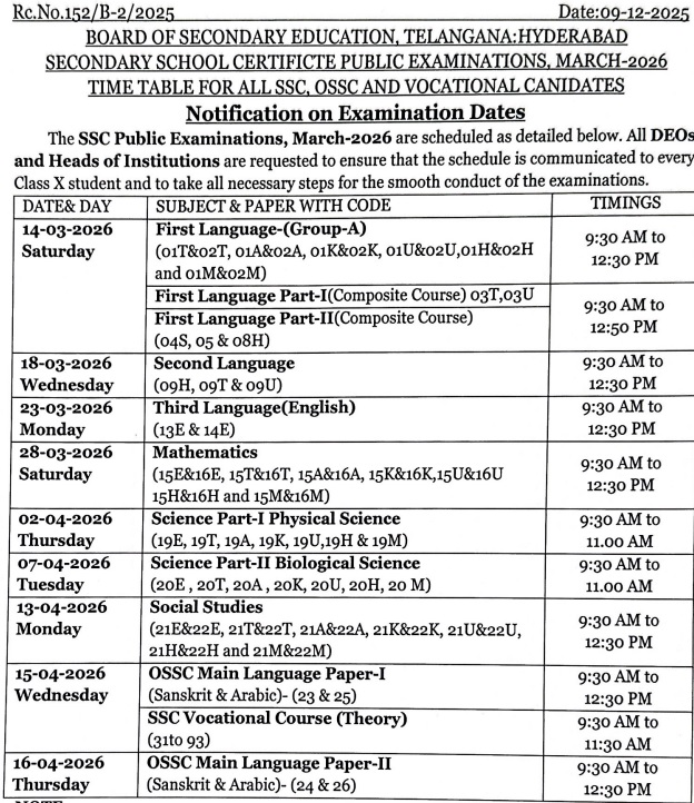 TS SSC Exam Dates 2026 pdf