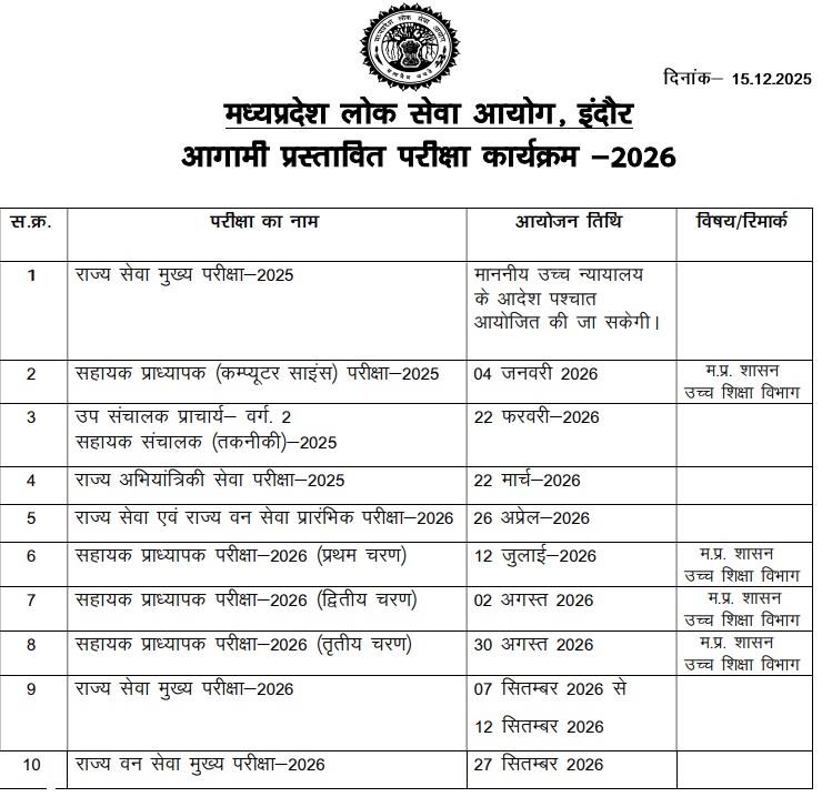MPPSC Exam Calendar