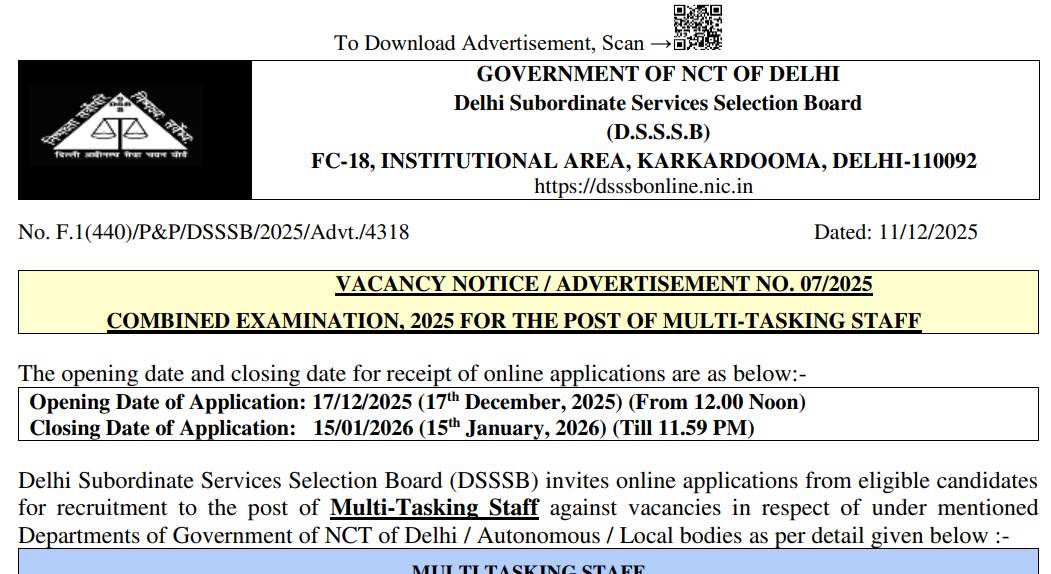 DSSSB MTS Recruitment 2025 notice