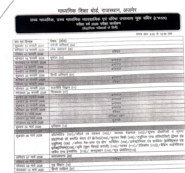 rbse mook badhir 12th time table 2026