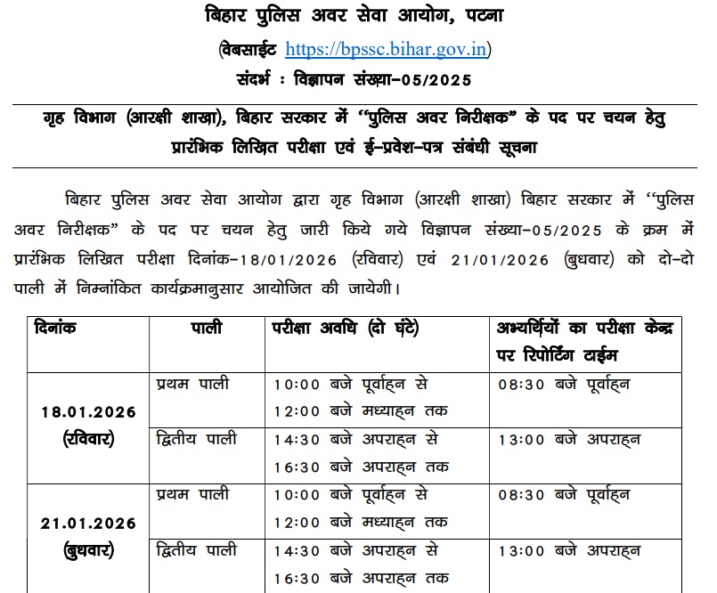 BPSSC SI Exam Date notice