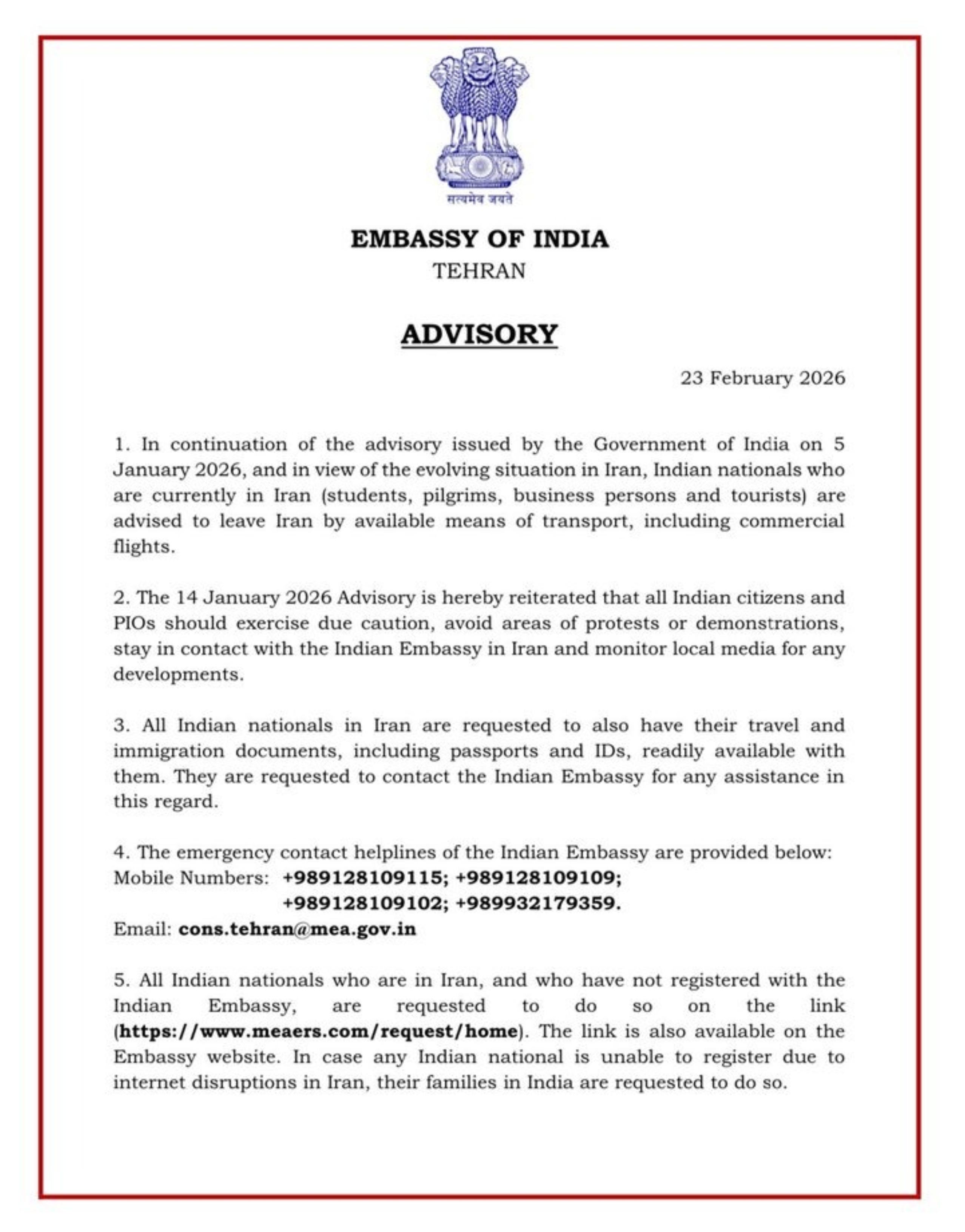 Iran Indian Embassy Advisory