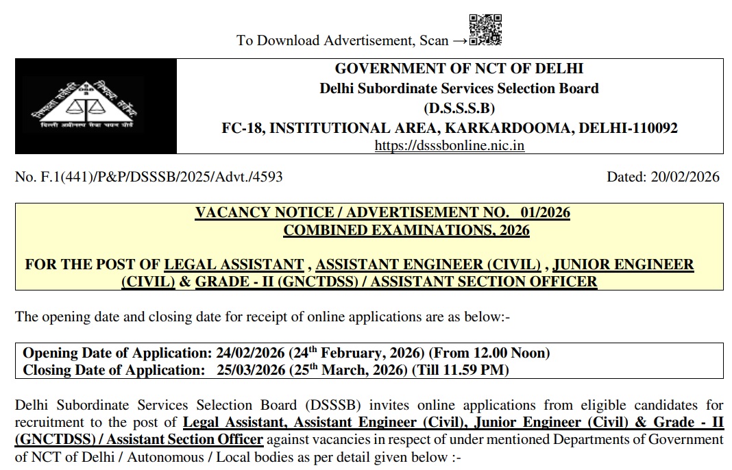 DSSSB Recruitment 2026 notification
