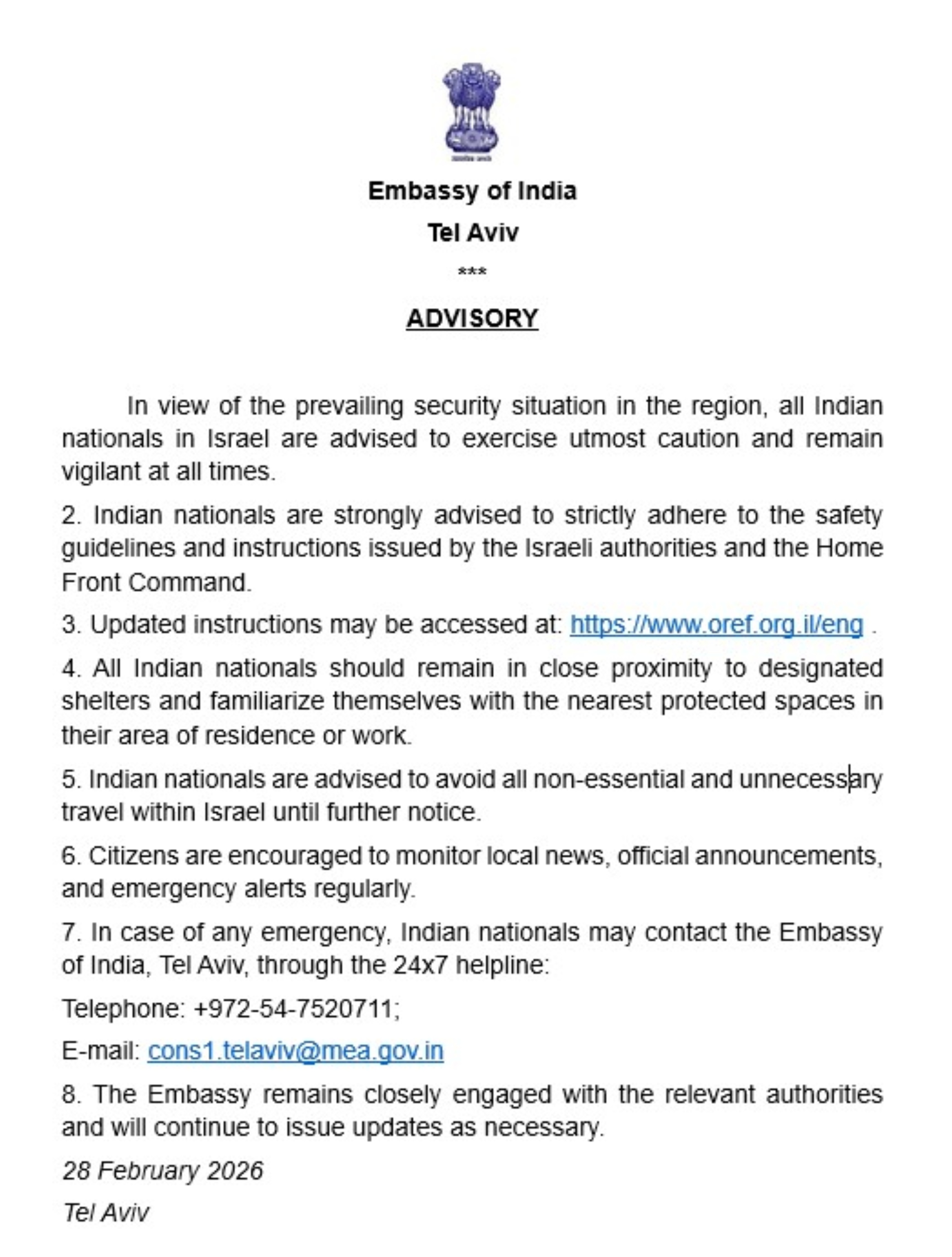 India Advisory to Israel people