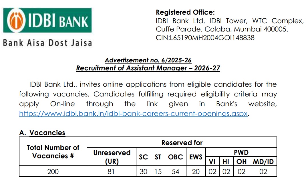IDBI Recruitment notification
