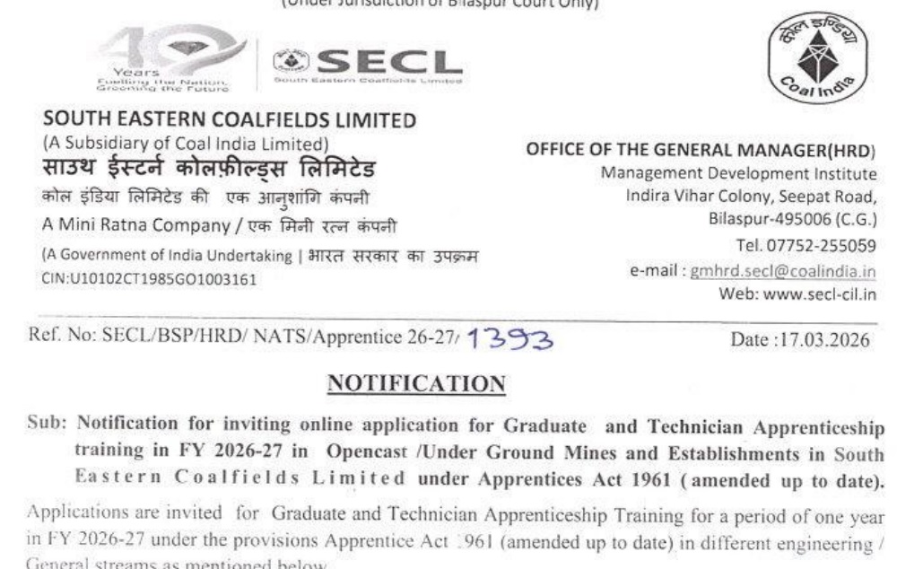 SECL Apprentice 2026 notification