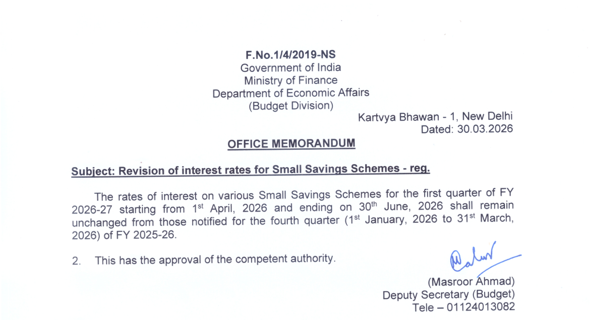 small savings schemes interest rates april june 2026