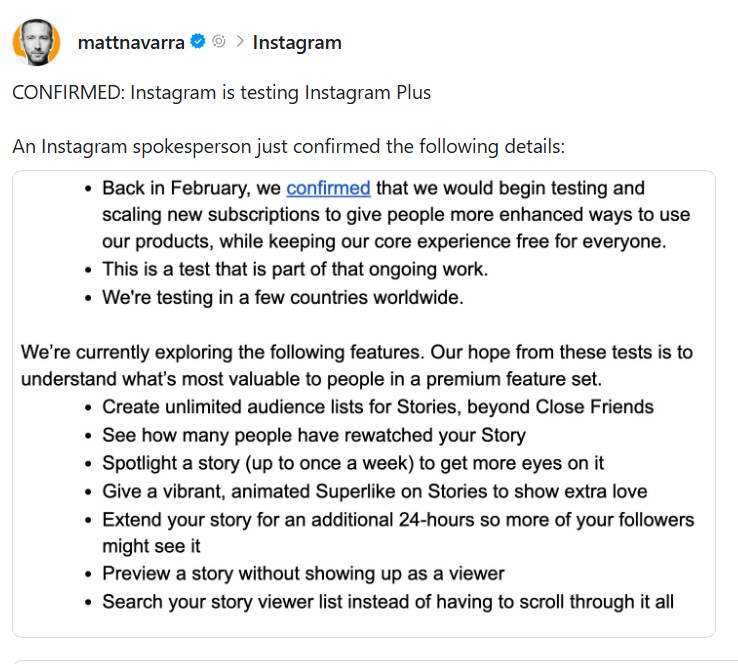 Instagram Plus Subscription