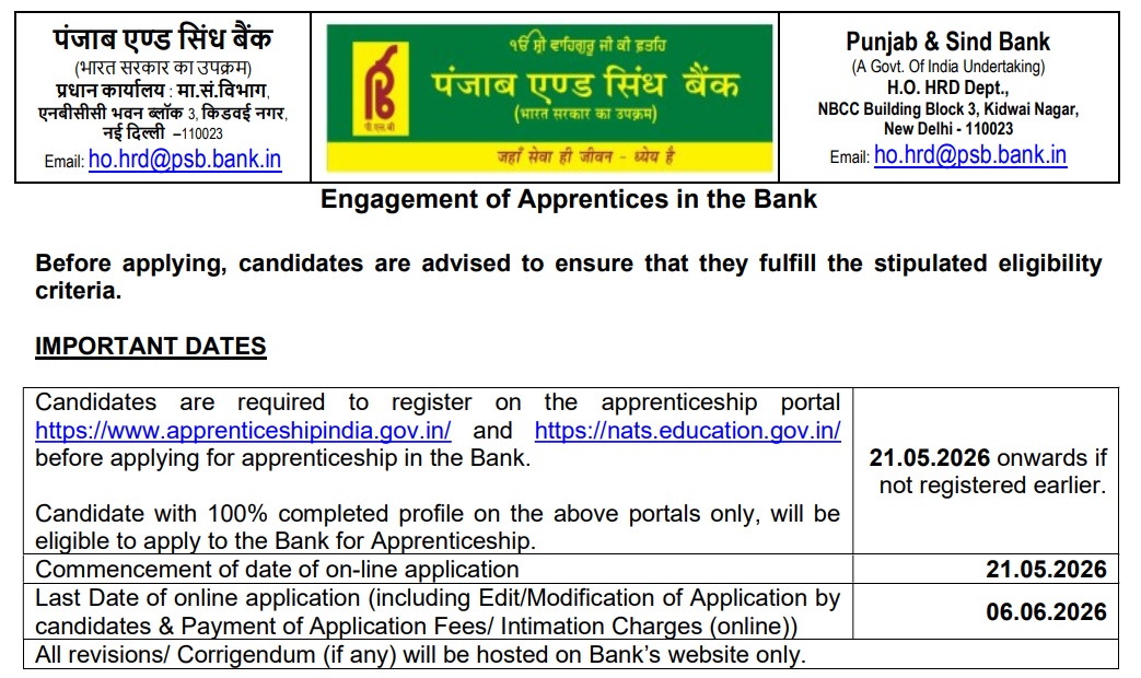 Punjab and Sind Bank recruitment 2026 notice