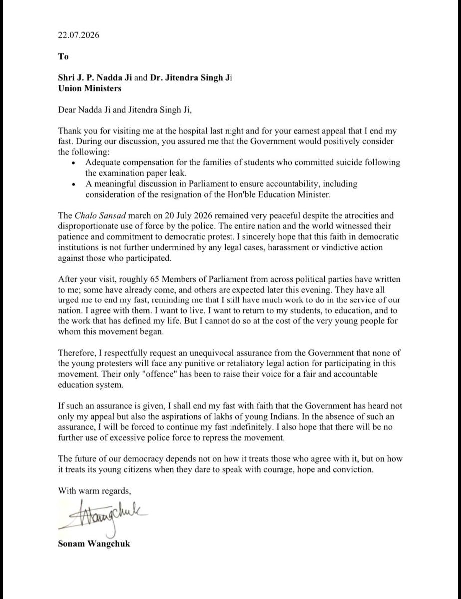 Sonam Wangchuk Letter